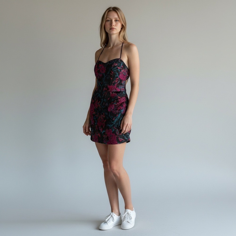 Urban Outfitters Floral Jacquard Mini Dress Pink Teal Metallic Open Back L